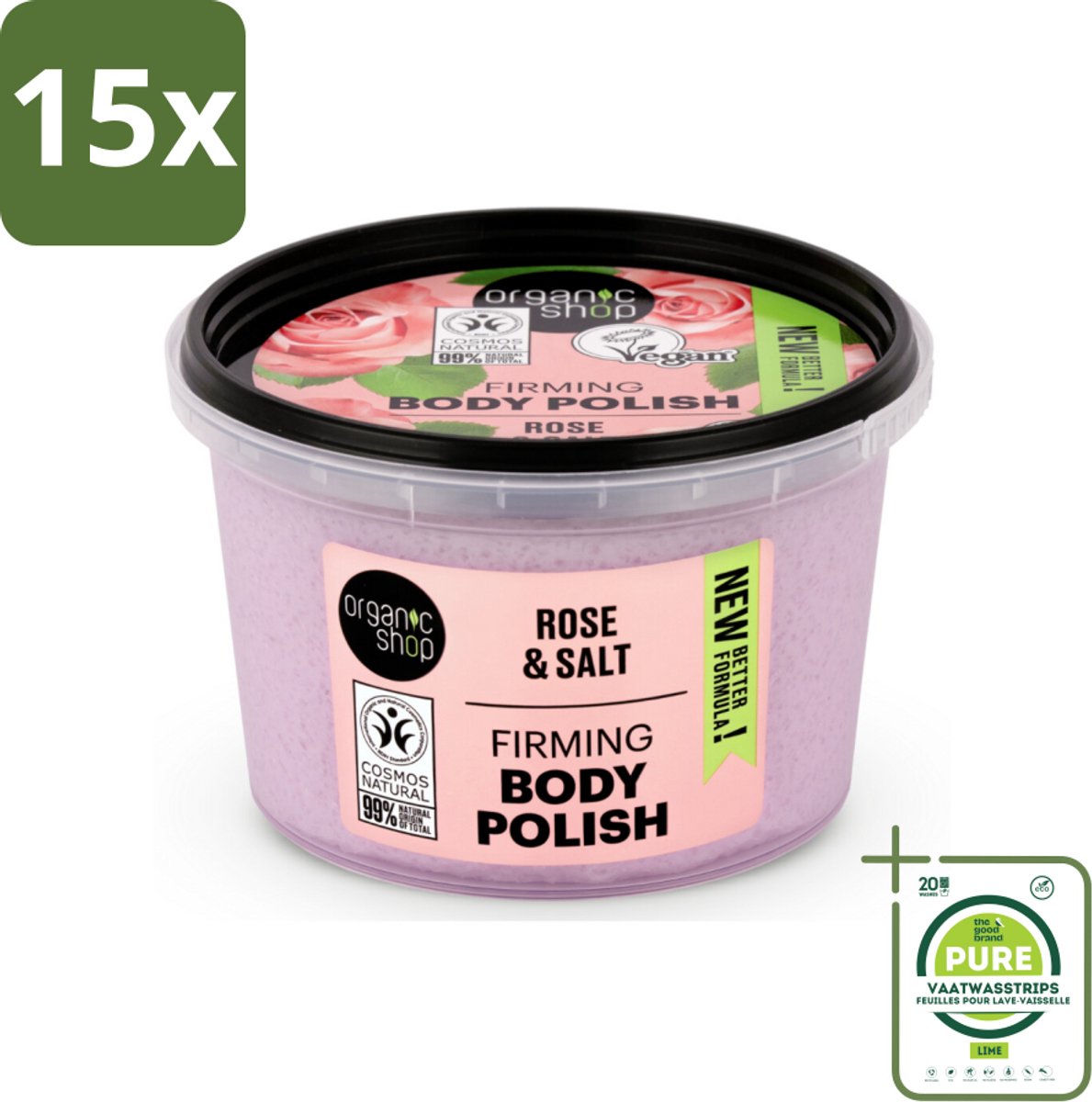 15 x Organic Shop - Body Scrub Rose - Hydraterend en Verzorgend - 250 ml - Grootverpakking - Lichaams Scrub - Peeling - Organische Amandelolie - Biologische Ingrediënten - Hydraterende Body Scrub
