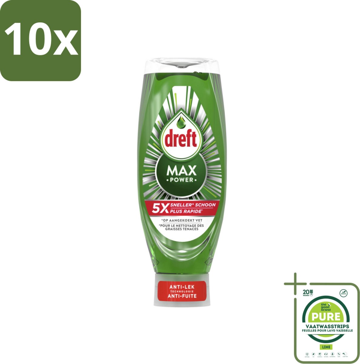 10 x Dreft – Original – Max Power Afwasmiddel – 730 ml - Grootverpakking - Afwasmiddel - Vet Verwijderen - Snel Schoonmaken - Hardnekkig Vet - Koud Water Schoonmaken