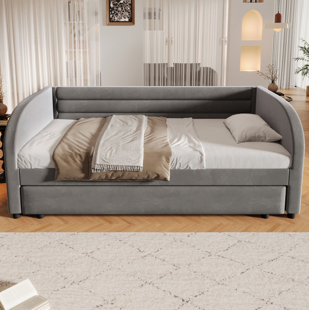 MIVRAY Bed 90x200cm Zonder Matras - Gestoffeerd Bed Met Uitziehbed En Led Verlichting - Ruimtebesparend - Flanel En Mdf - Grijs