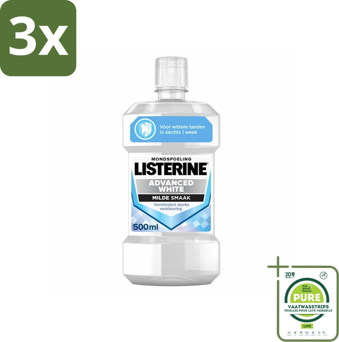 3 x Listerine – Mondwater – Advanced White – Mild – 500 ml - Grootverpakking - Wittere Tanden - Mondspoeling - Frisse Adem - Tandenverzorging - Mondhygiëne