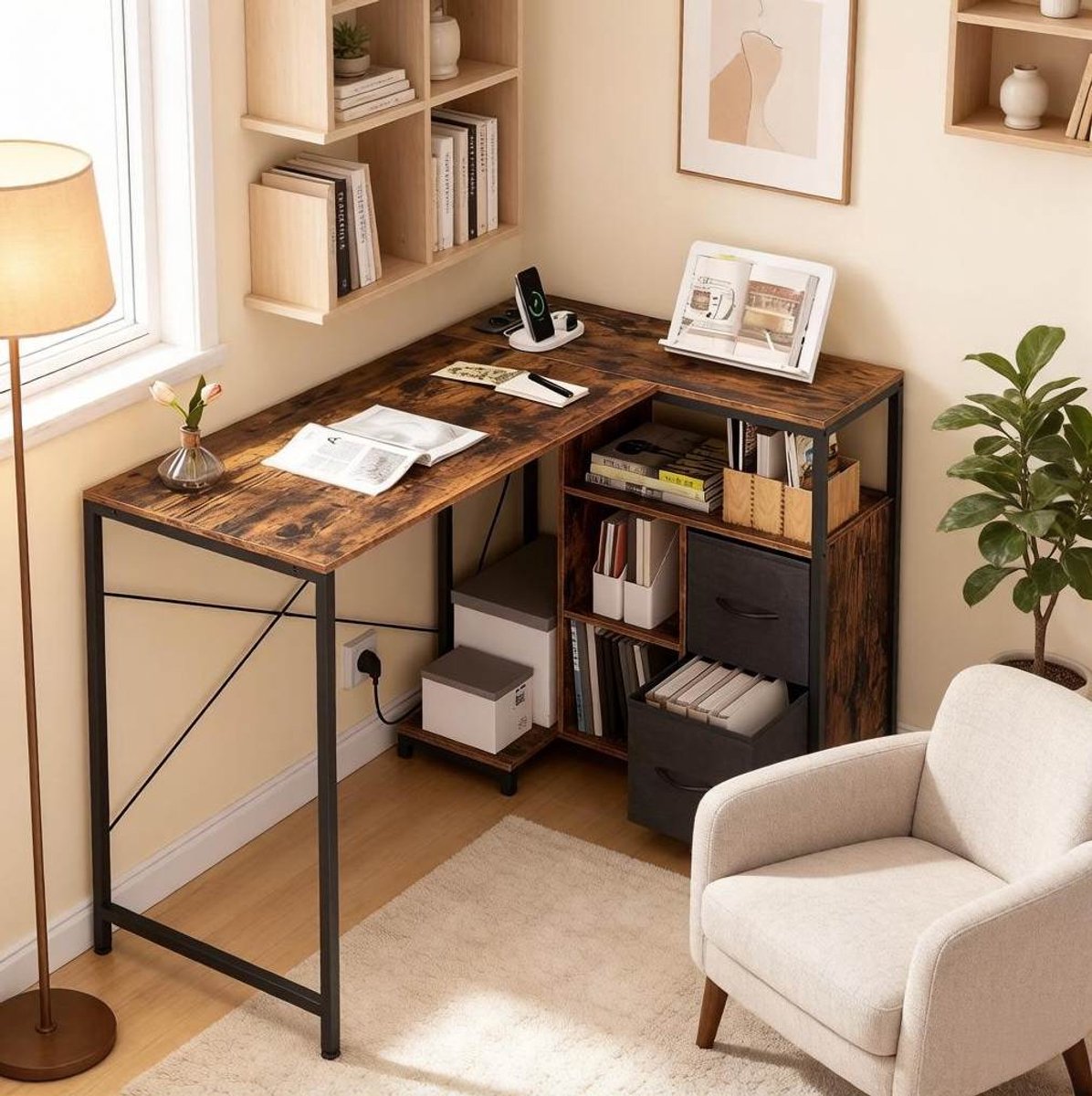 COVREO Hoekbureau 120 x 76 cm bruin, van hout en metaal met opbergruimte