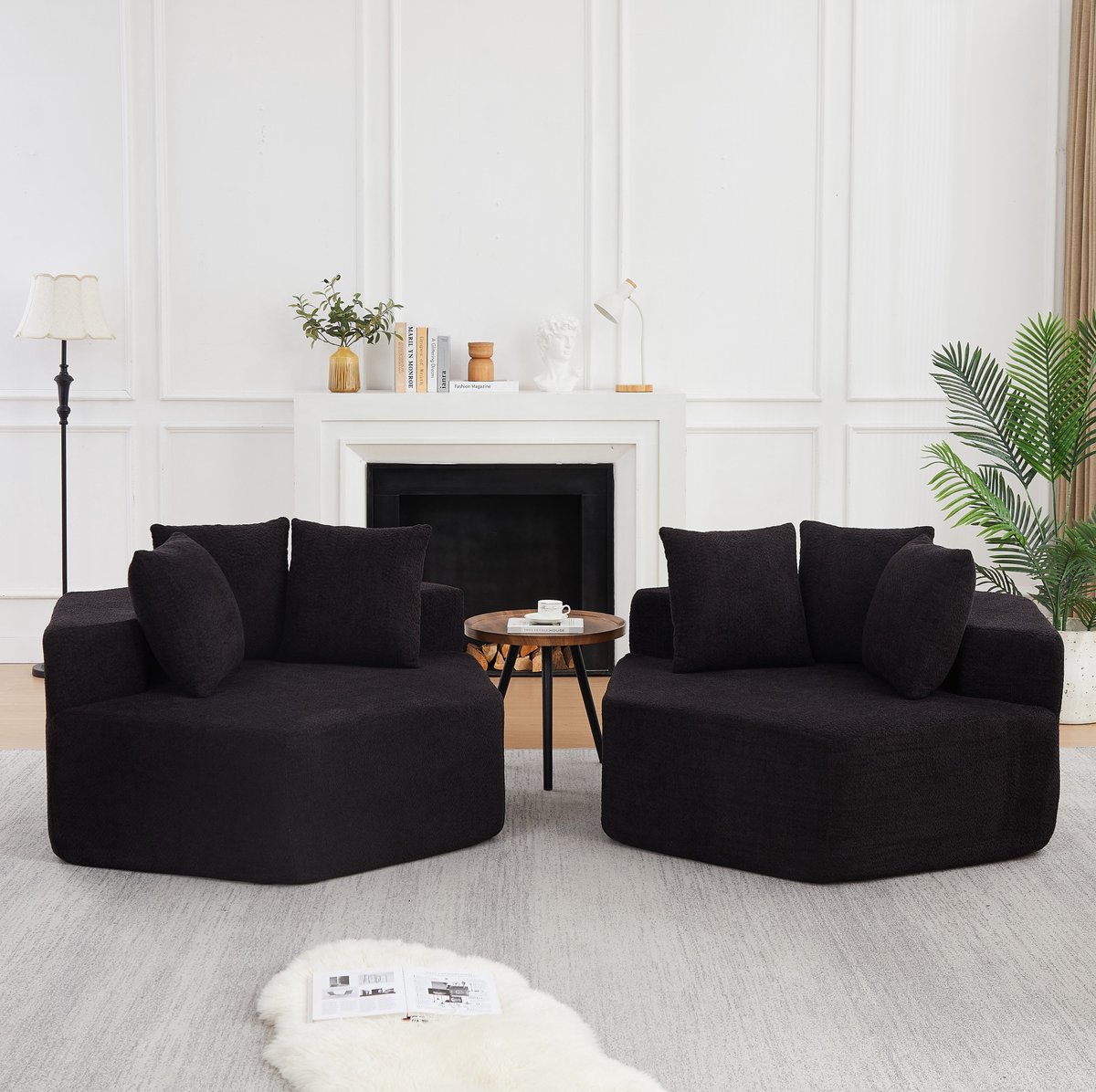 FloraGrace Modulaire Bank Set 2-Zits Hexagonaal Met 3 Kussens, Zachte Chenille, Voor Woonkamer, Lounge En Speelkamer, Zwart