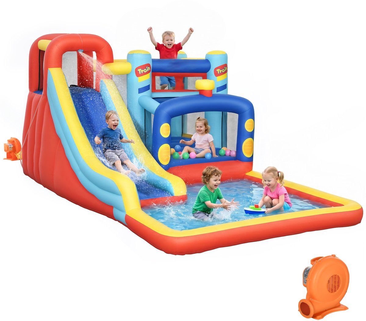 TEKROA® Springkussens - Opblaasbaar kasteel voor kinderen - van 3-8 jaar met blower, glijbaan, trampoline, zwembad en draagtas - 435x245x200 cm - meerkleurig