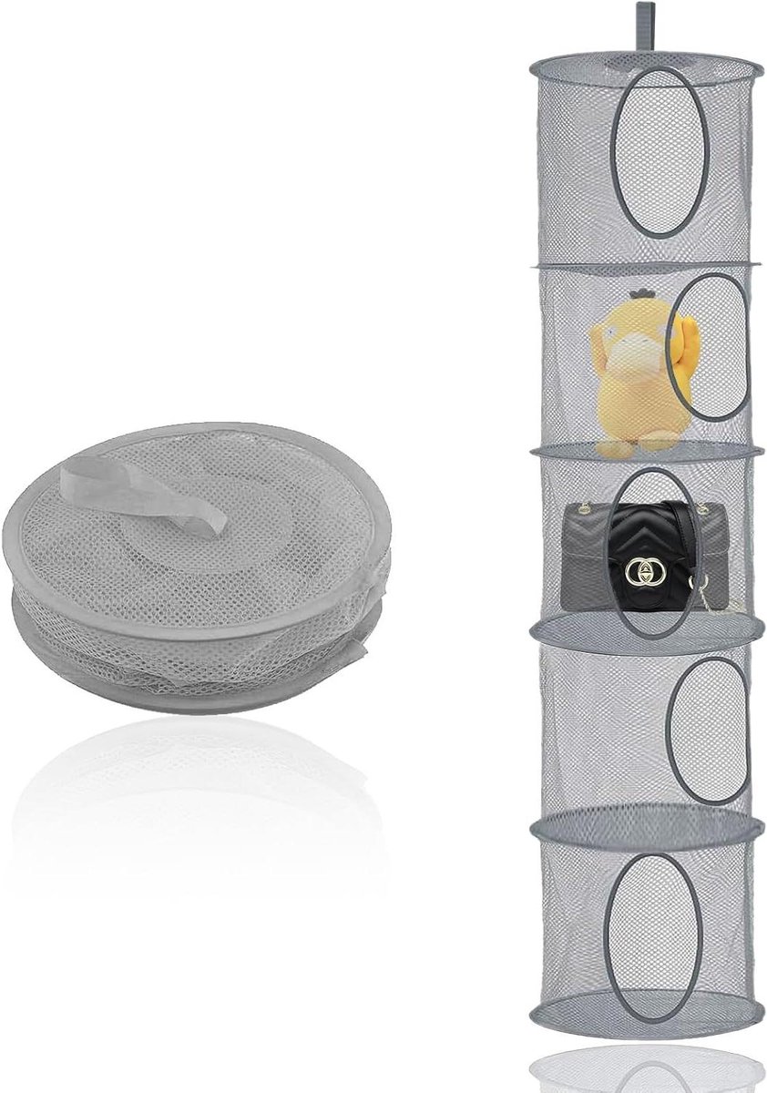 Opbergnet 5 Niveaus - Hangende Organizer - Speelgoed Opbergen - Opvouwbaar Ontwerp - 140 cm Hoog - Grijs