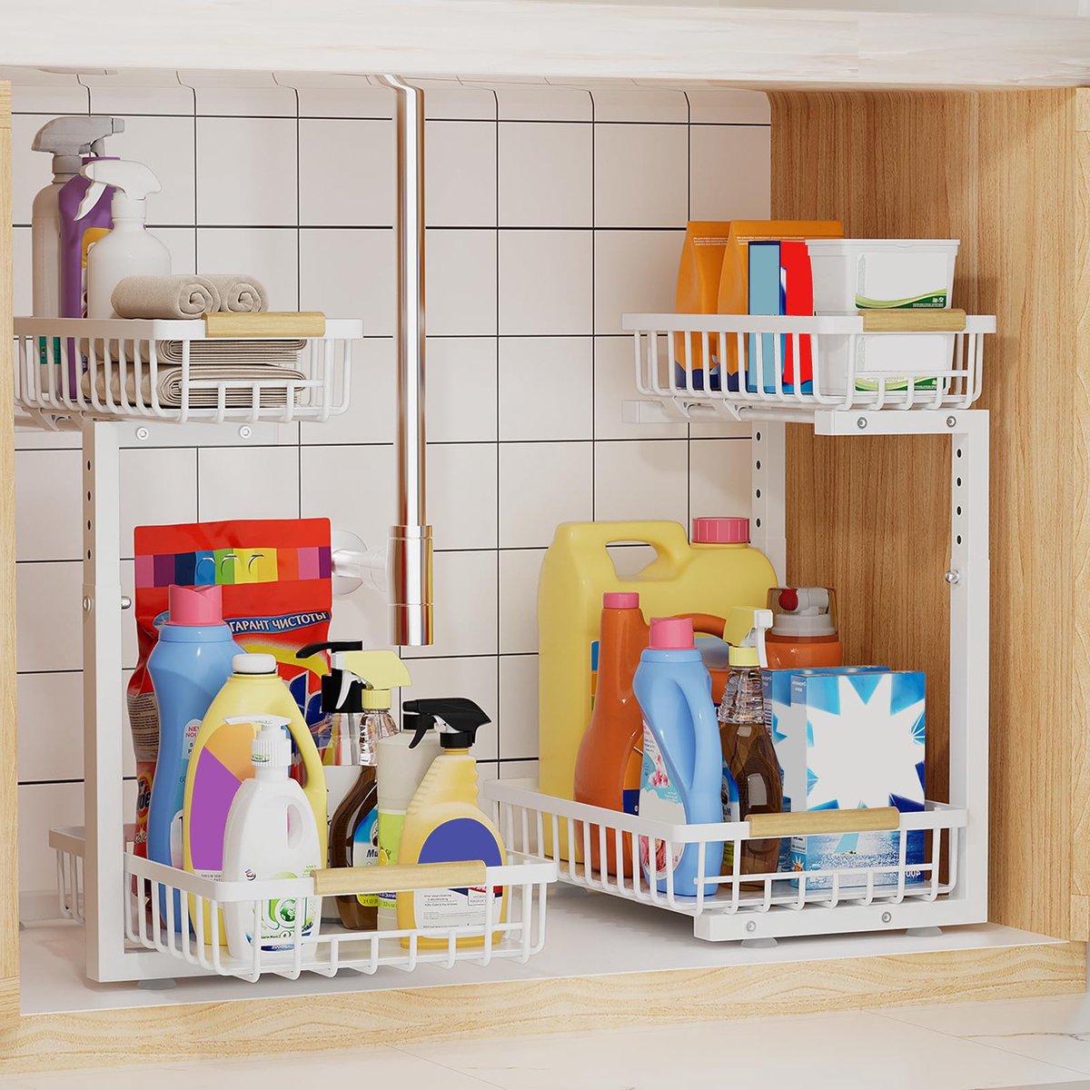 SnelShoppen - Set van 2 Keukenkast-Organizers met 2 Niveaus, Uittrekbare Gootsteenkast Organizers, Ruimtebesparend, Wit, Voor Keuken en Badkamer