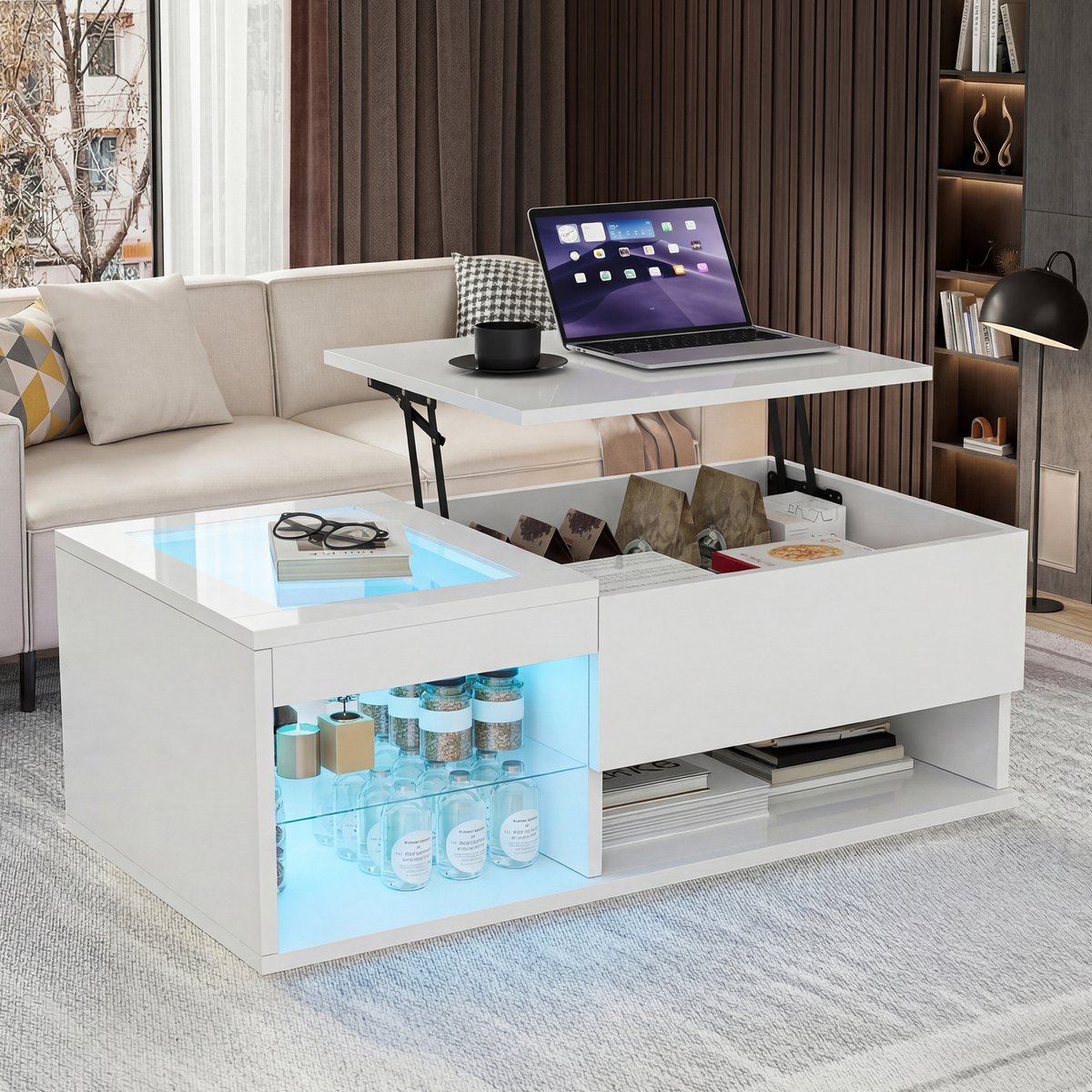 Witte Salontafel met LED & Liftfunctie – Luxe Hoogglans MDF Koffietafel met Verborgen Opbergruimte en Glasblad – Moderne Design Tafel