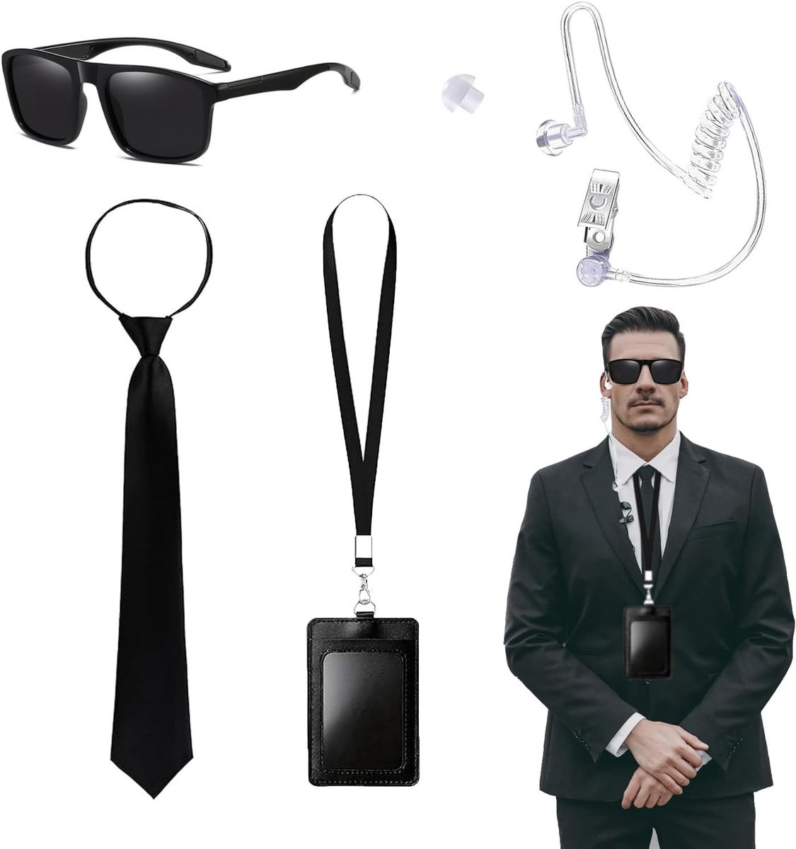 Set van 5 kostuumaccessoires voor agenten, inclusief zonnebril, stropdas, kaarthouder en oortje voor carnaval en themafeesten voor mannen