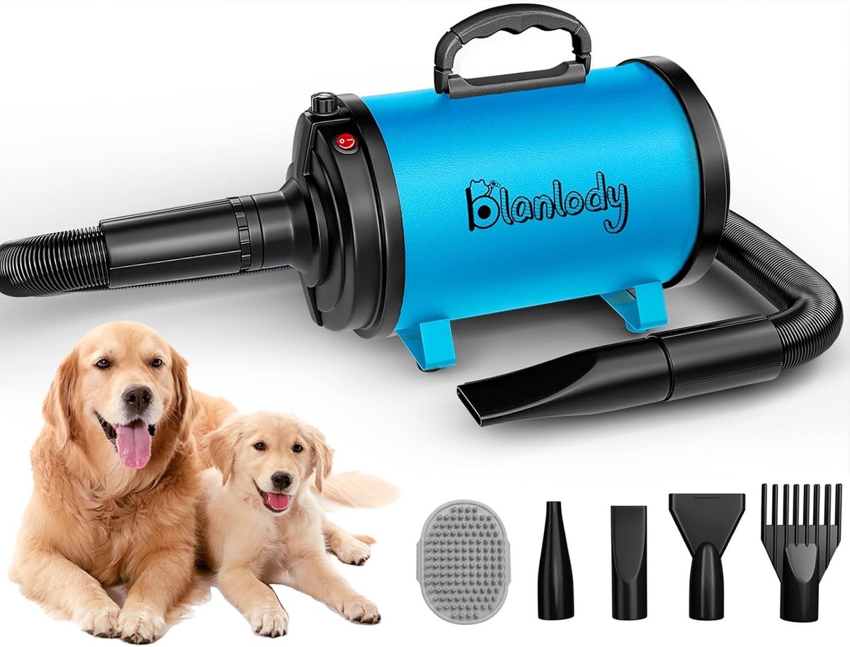 Hond Föhn - Blauw - 3200W - Geluidsarme Pet Grooming Föhn met 4 Nozzles - Voor Honden