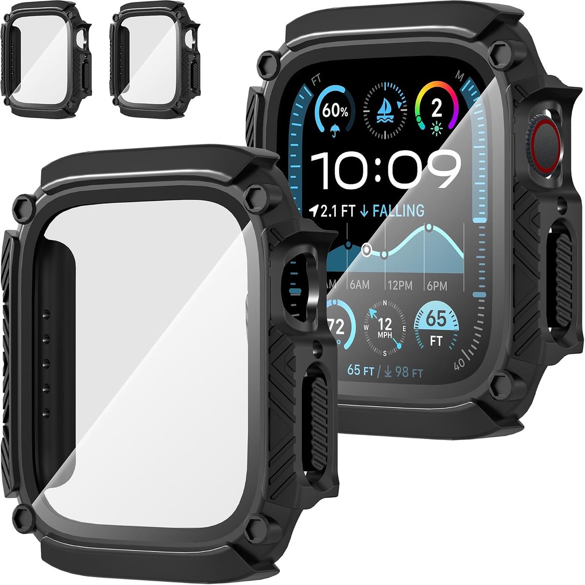 SnelShoppen - 2 Stuks Hoes voor Apple Watch 44mm Tempered Glass Schermbeschermer, HD Volledige Bescherming, Hard PC Hoes, Zwart, Voor Series 6/5/4/SE