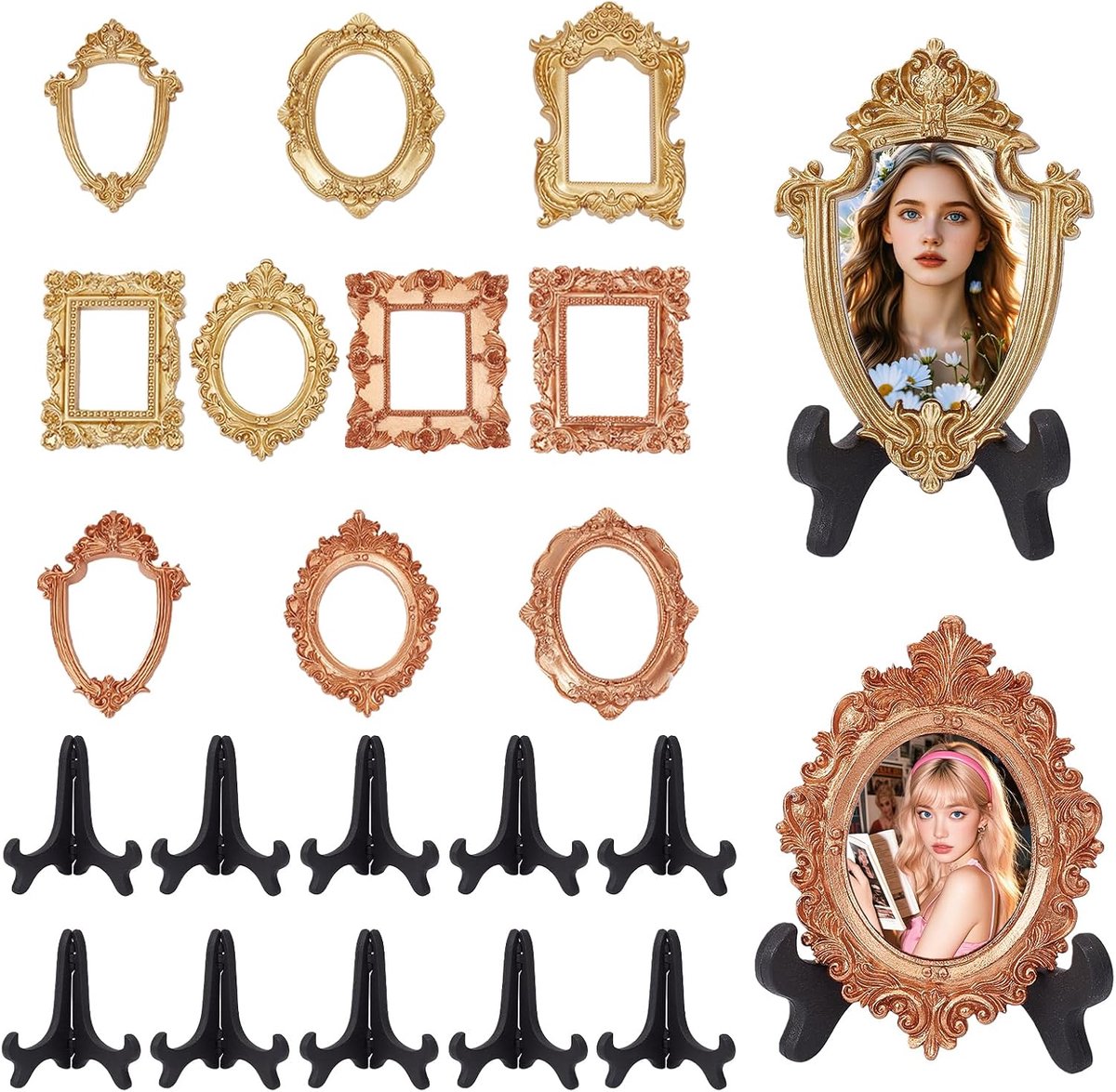 SnelShoppen - 10 stuks vintage hars fotolijsten set, kleine ovale rechthoekige gouden fotolijsten, antieke fotolijst met kunststof houders voor huismu