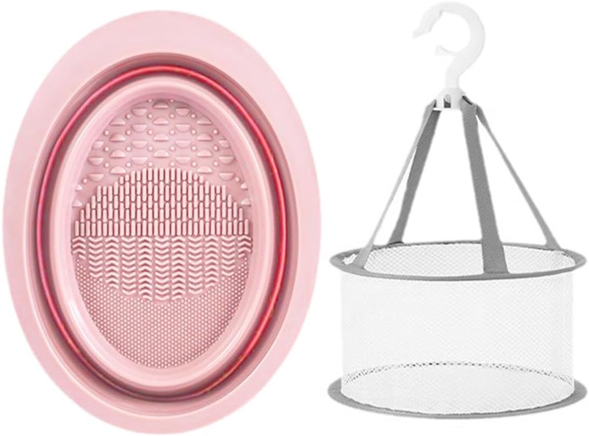 SnelShoppen - Makeup Borstel Reinigingspad en Hangend Droognet Siliconen Borstel Reinigingskom met Mesh Droogrek Mand Vouwbare Makeup Borstel Cleaner