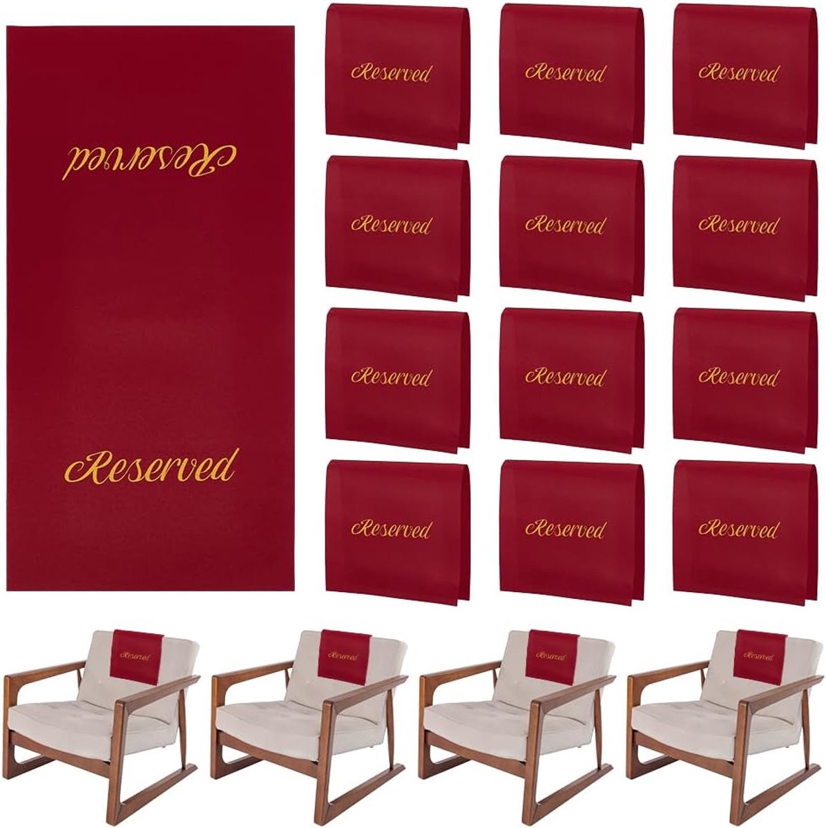 SnelShoppen - 12 Stuks Donkerrode Gereserveerde Stoelen Borden 21,7 Inch Stoel Gereserveerd Bord Katoen Kerk Plaatsborden voor Bruiloft Vergadering Ce