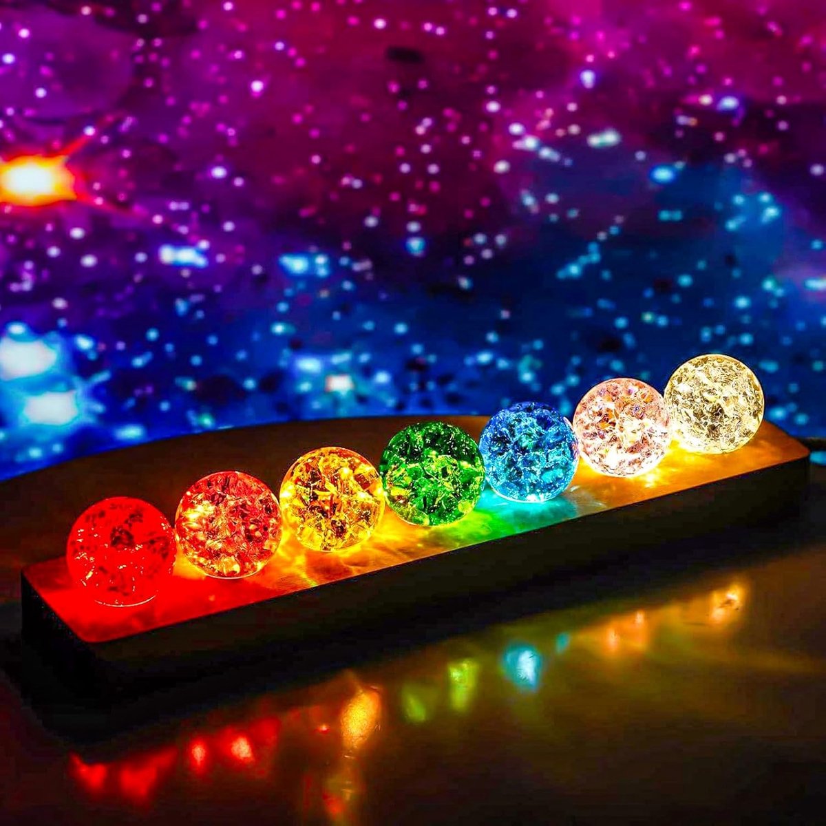 SnelShoppen - 7 Kleur Chakra Kristallen Bal met LED Houten Basis Nachtlampje 40mm Glas Ornamenten voor Home Decor Meditatie Geschenken