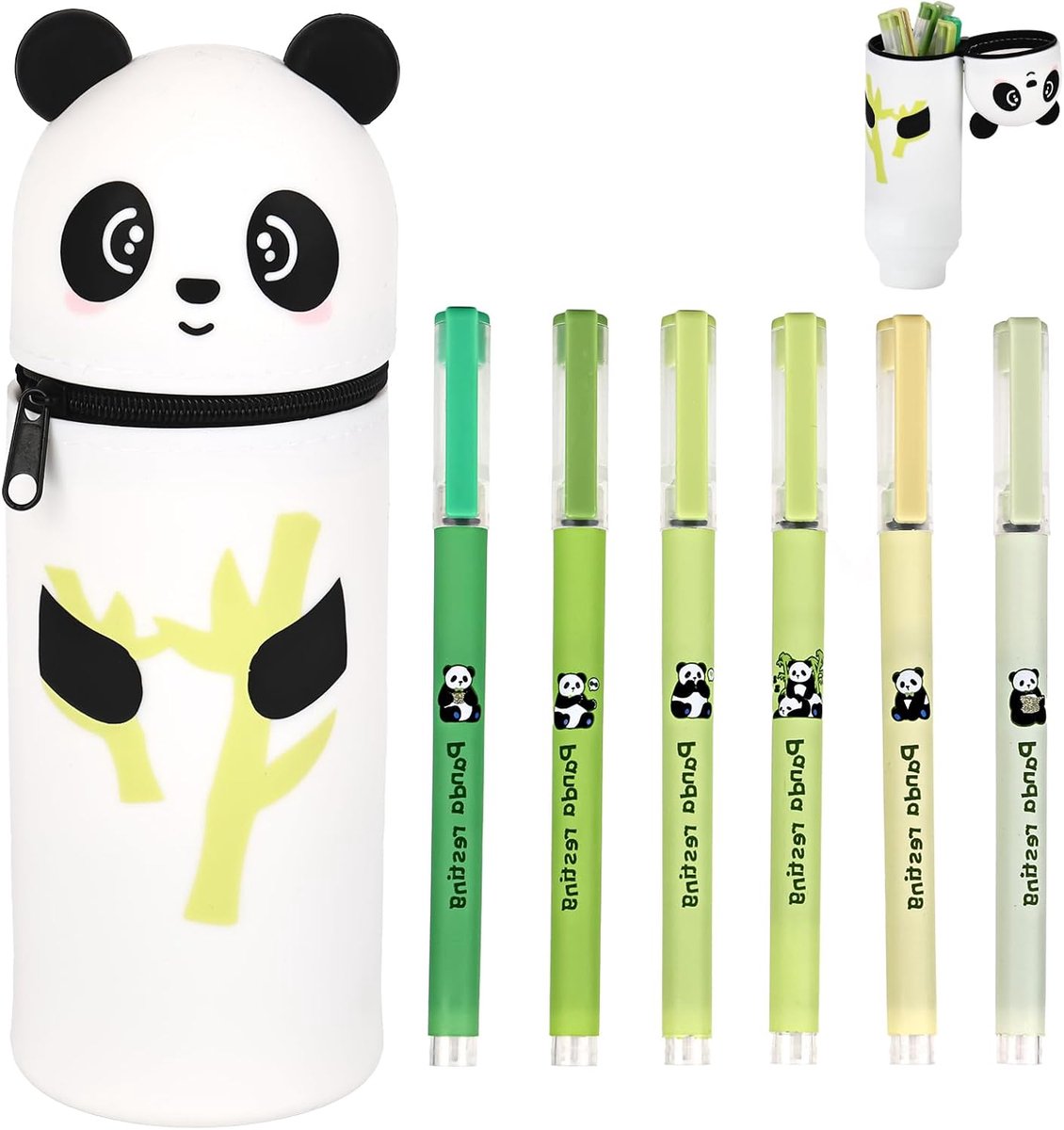 SnelShoppen - 2-in-1 Kawaii Pennenhouder, Panda Pennenhouder met 6 Balpen, Siliconen Staande Rits Pennenhouder, Schattige Panda voor School, Thuis, Ka