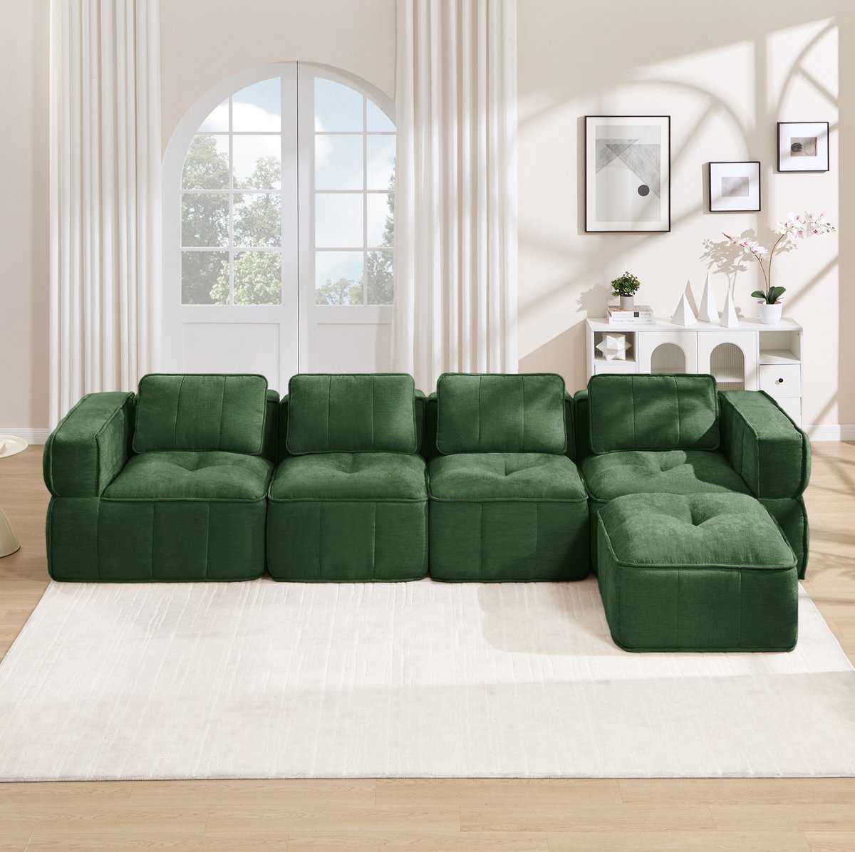 FloraGrace Hoekbank 4 Zitplaatsen L Vormig Modulair Met Hocker Comfortabel Diepe Zitting Voor Woonkamer Polyester Groen