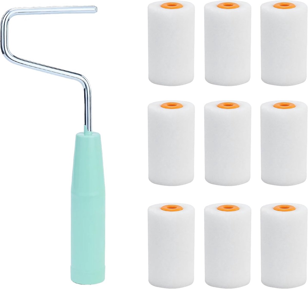 SnelShoppen - 9 Rollen + 1 Houder Verfroller Mini Set 56 mm Schuimverfrollers met Verfroller voor Muurverf, Schilderbenodigdheden en Vervangbare Rolle
