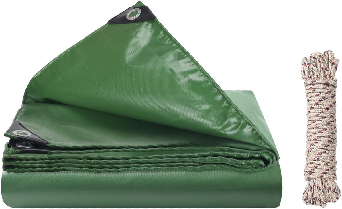 SnelShoppen - Tarpaulin 2 x 2 m Groen Waterdicht met Oogjes 420 g/m² Anti-UV Zeil met 10 m Touw voor Zwembad, Trampoline, Tuinmeubelen, Tuin, Gazebo