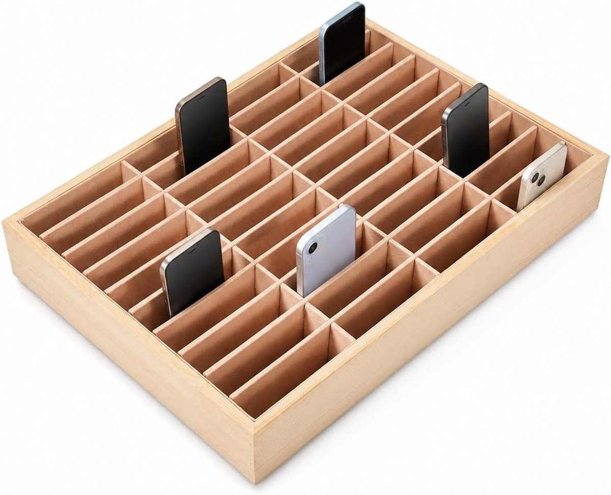 Houten Opbergdoos voor Mobiele Telefoons met 40 Rasters en Pluche Voering - Desk Organizer en Ruimtebesparende Oplossing voor Thuis en Kantoor