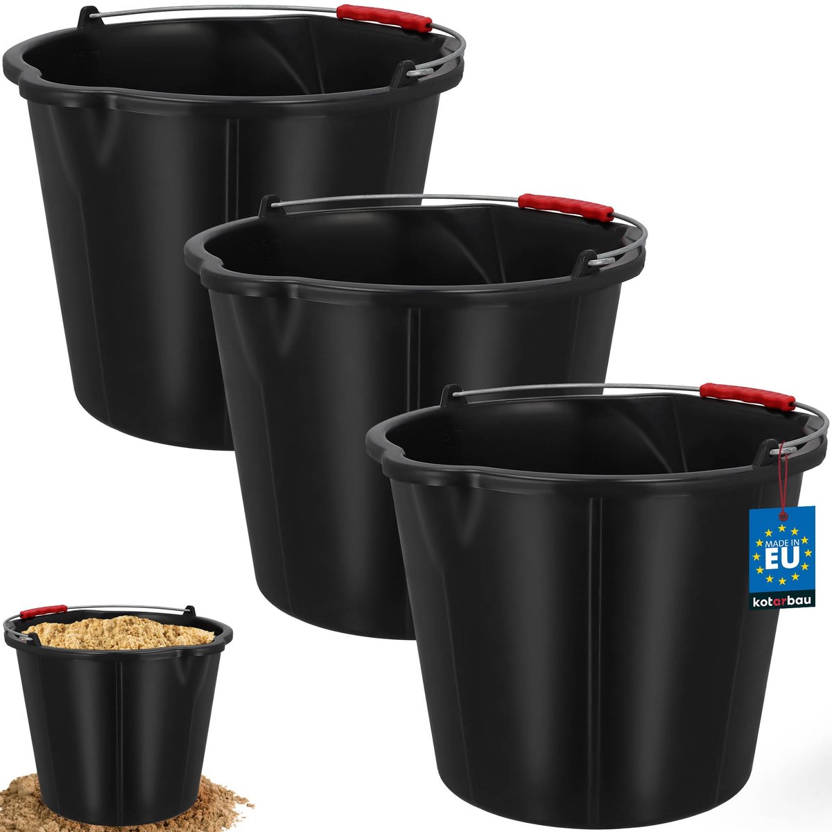 KOTARBAU® 3 Stuks - Bouwemmer 15 L - Mortelemmer - Emmer met Schenktuit - HDPE - Emmer met Schaalverdeling - en Handvat - Cementemmer - Betonemmer - Zwart
