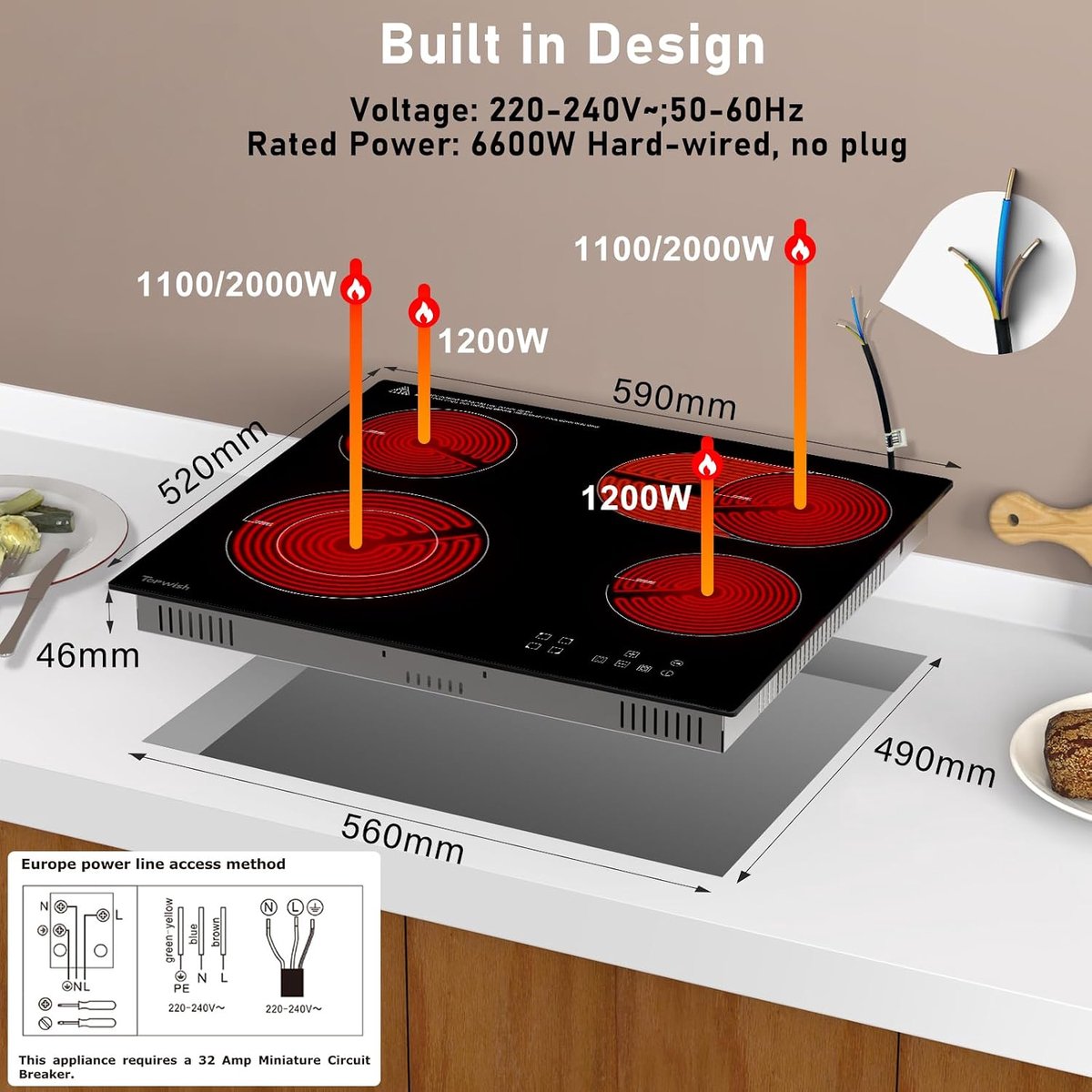 Keramische Kookplaat - Elektrische Kookplaat - Efficiënt Koken - Dubbele Ring Zone - 60 cm - Zwart