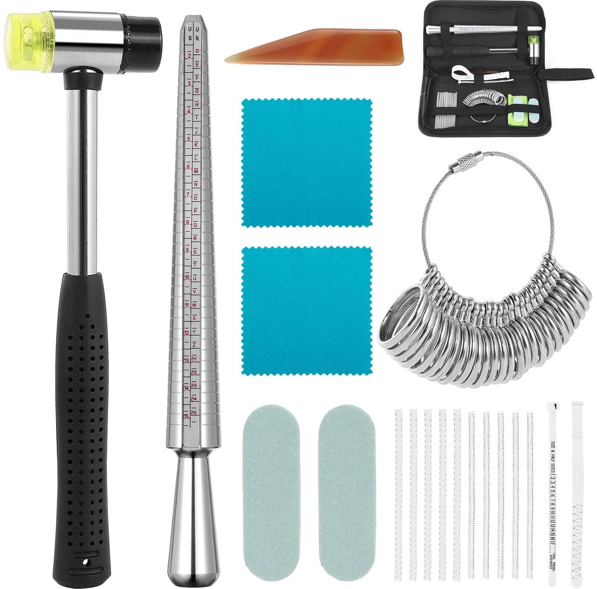SnelShoppen - 20-delige opmeetset voor ringen, ringmangel, reparatieset, rubberen hamer, halfmaat opmeetapparaat, polijstgereedschap voor sieraden mak