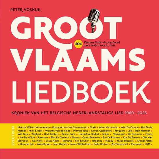 Boek 'Groot Vlaams Liedboek' met retro microfoon op rode achtergrond. Titel in grote letters.
