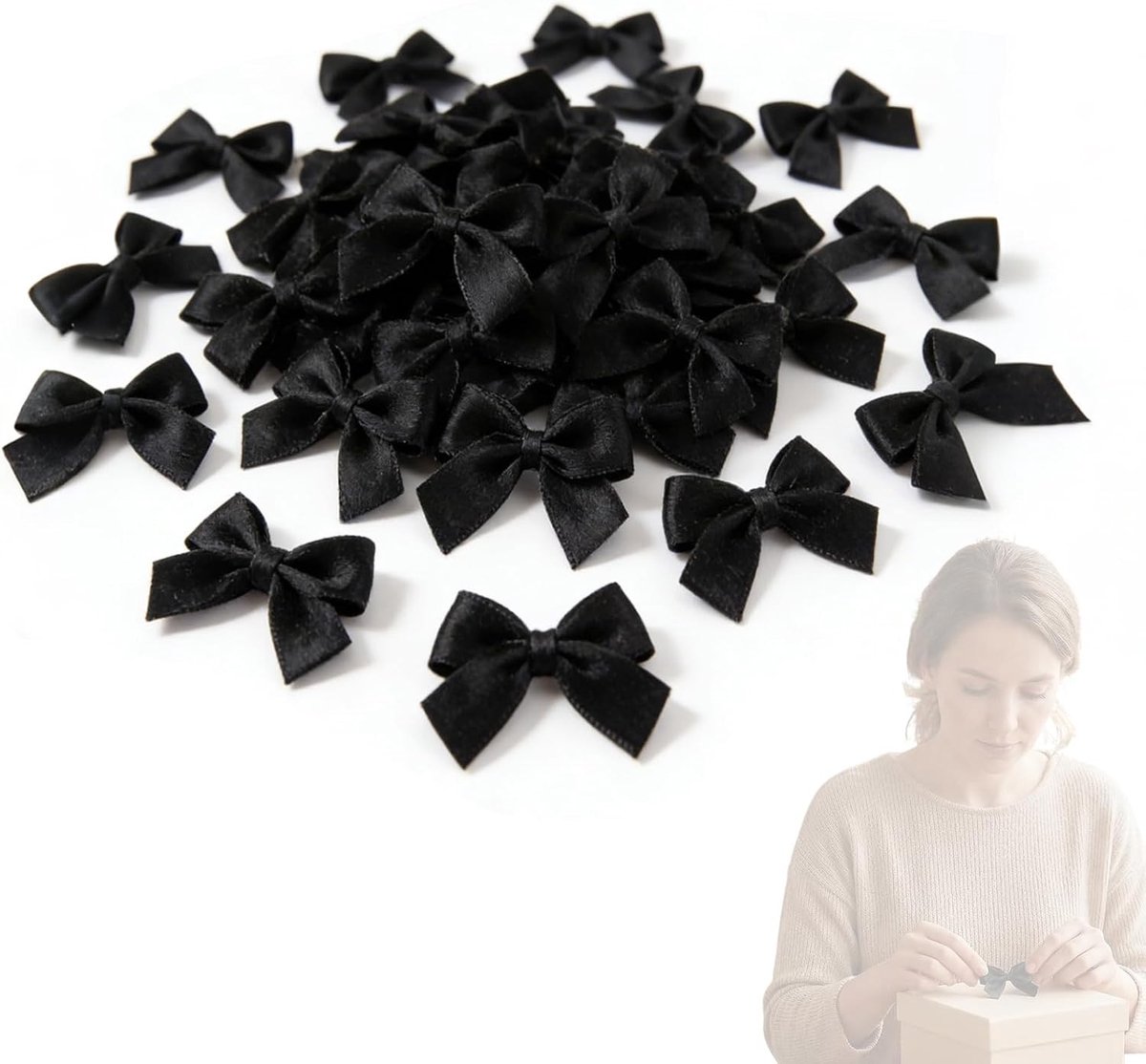 Set van 100 mini-stoffen geschenkstrikken voor bruiloften, feestdecoratie en cadeauverpakking, zwart