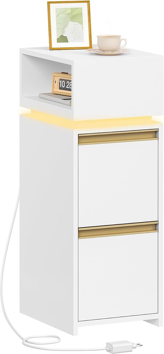 Hzuaneri Nachtkastjes, Smalle Nachtkastjes met LED Verlichting, Kleine Smalle Bijzettafels met 2 Laden en 1 Open Ruimte, Bijzettafel, voor Slaapkamer, Woonkamer, Modern, Wit