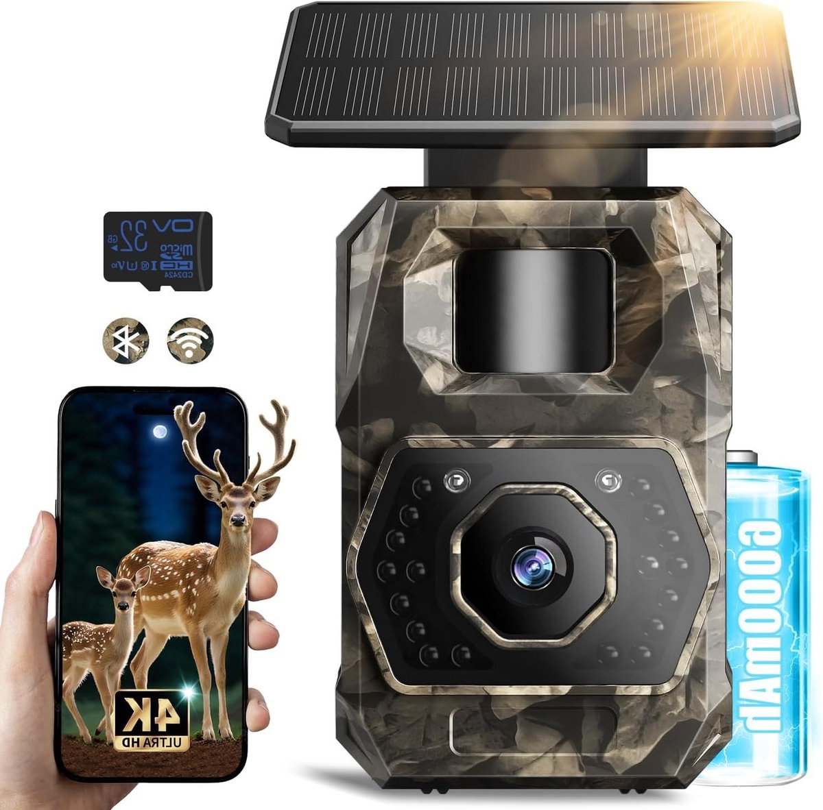 Wildcamera met App - Natuurcamera Outdoor - Dieren Observeren - 4K Video 64MP Foto - 6000mAh Accu - Geel Groen