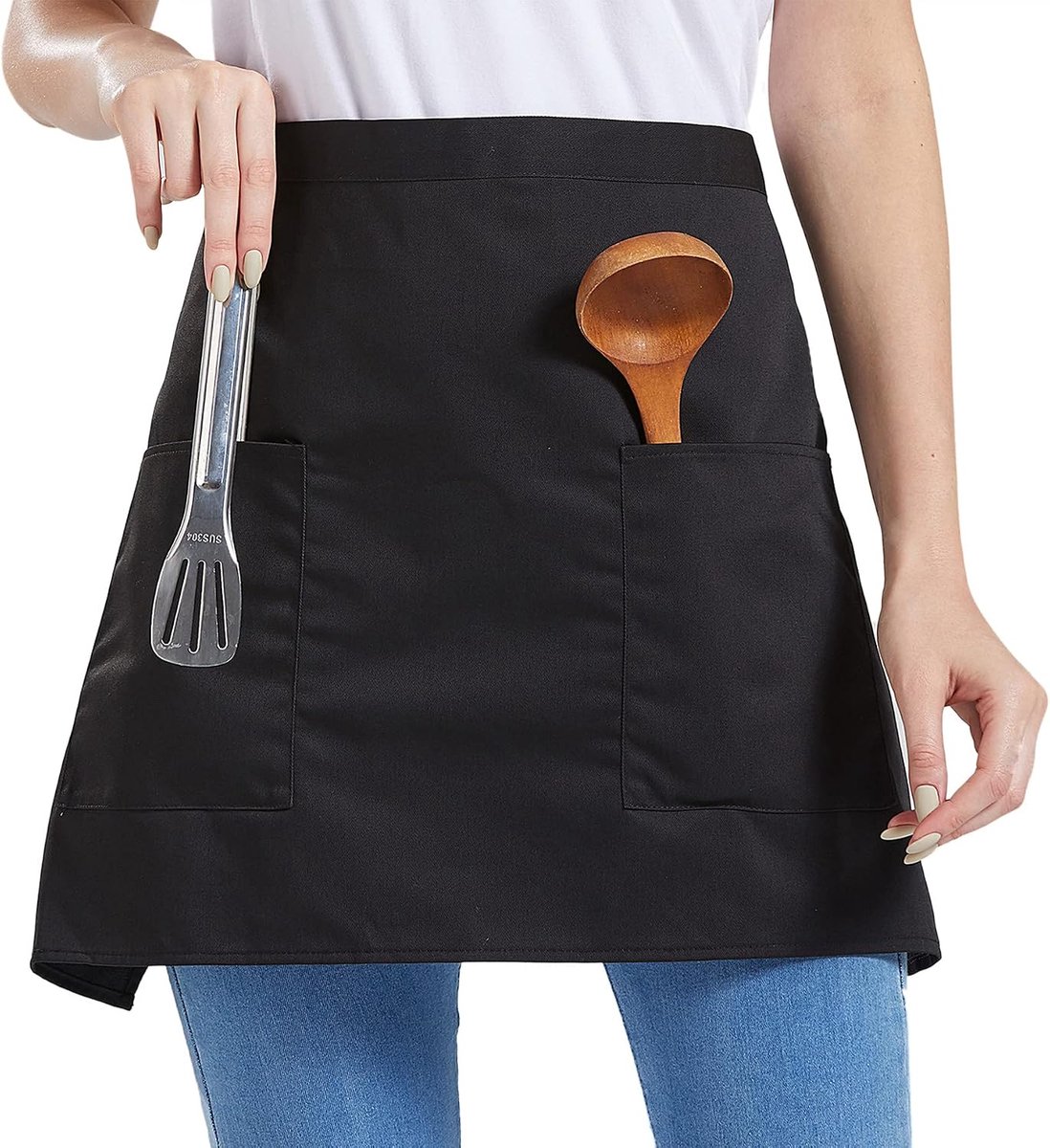 SnelShoppen - Keuken Schort met 2 Zakken - Chef Schort voor Restaurant en Café - Zwart - Duurzaam en Lichtgewicht Polyester - One Size Fits All