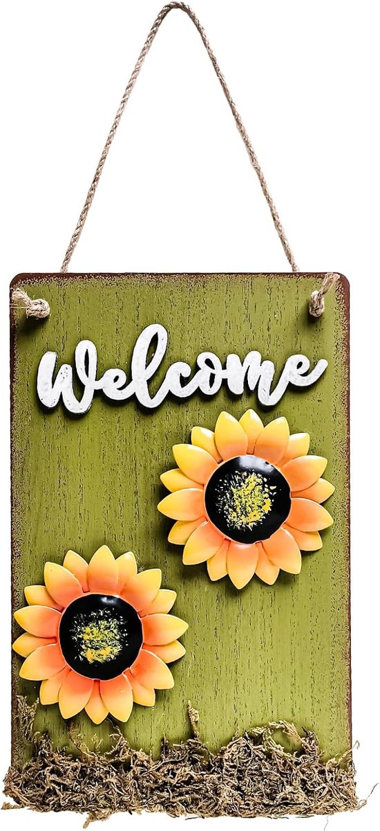 SnelShoppen - Vintage Houten Welkom Schild met Zonnebloemen voor Tuin en Deur - Groene Decoratie voor Binnen en Buiten - 28x18 cm - Duurzaam en Stijlv