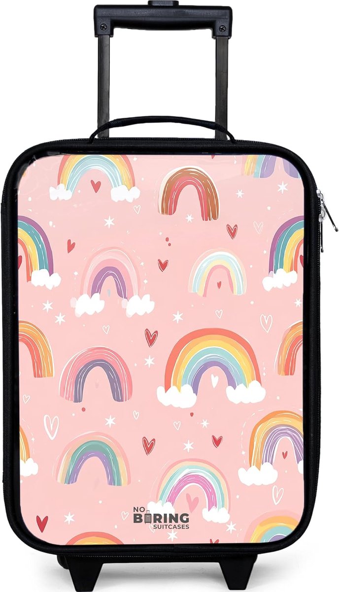 SnelShoppen - Kindersuitcase Compact 48x31x19 cm, Roze met Regenbogen, Lichtgewicht, Op Wielen, Ideaal voor Vakantie, Camping, Speelgoed en Kleding