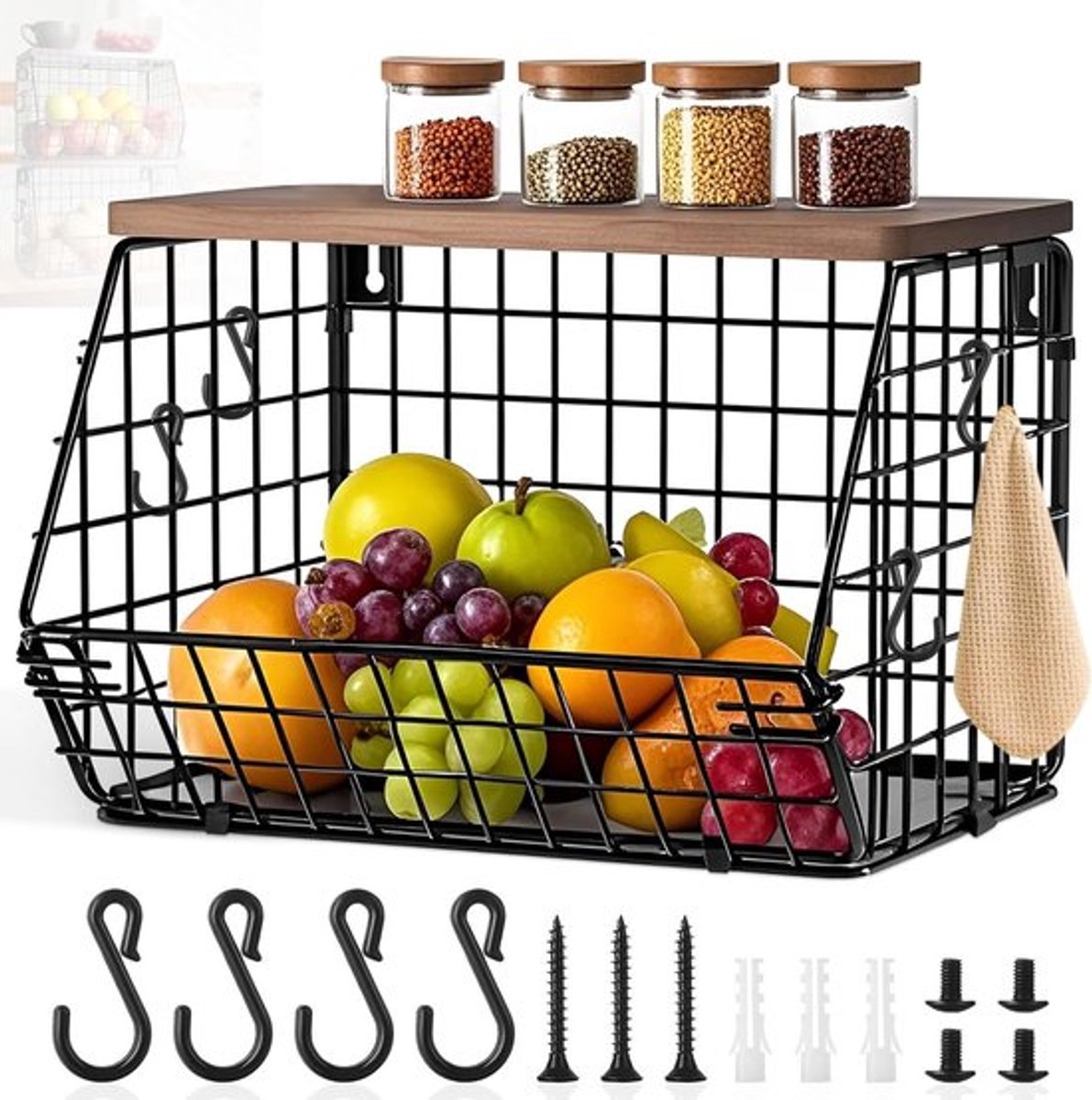 Stapelen van Fruit- en Groentebakken met Houten Deksel, Muurbevestigde Opslag voor Groenten, Fruit, Brood en Snacks, Ideaal voor Keuken en Eetkamer
