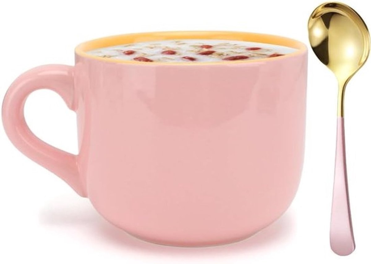 Grote keramische mok van 600 ml voor koffie, thee en muesli - Ideaal als cadeau voor kerst of verjaardag - Roze kleur