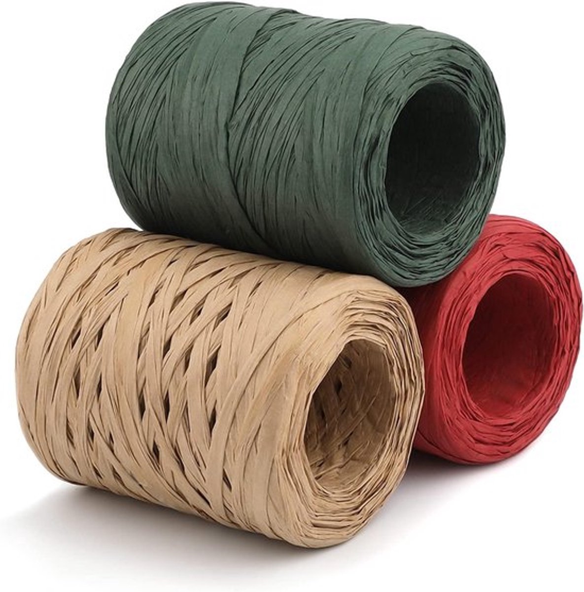 3 Rollen Raffia Papieren Lint voor Kerst, 100m Lint voor Cadeauverpakking en Feestdecoratie (Groen, Rood, Kraftkleur)