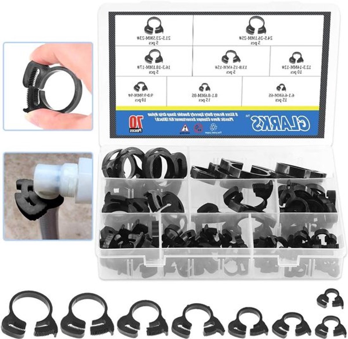 Set van 70 zware zwarte nylon slangklemmen in 8 maten, geschikt voor diverse toepassingen, 6.6-27.2mm