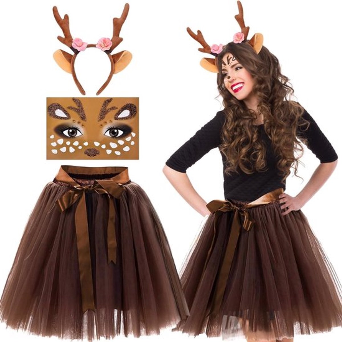Dames Kerst Kostuum met Rendier Hoofdband, Staart, Tulle Rok en Tijdelijke Tatoeages voor Halloween en Cosplay, 5 Delig Set