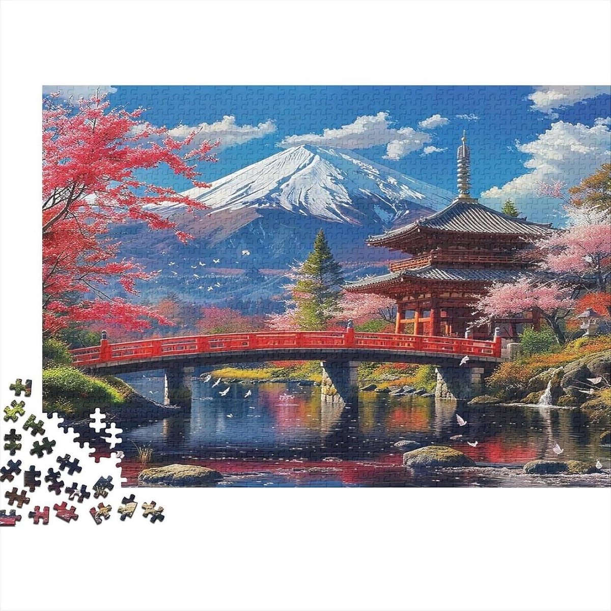 Tempelbrug Puzzel - Landschap Puzzel - Ontspannende Hobby - Houten Stansvormen - 1000 stukjes - Herfstkleuren