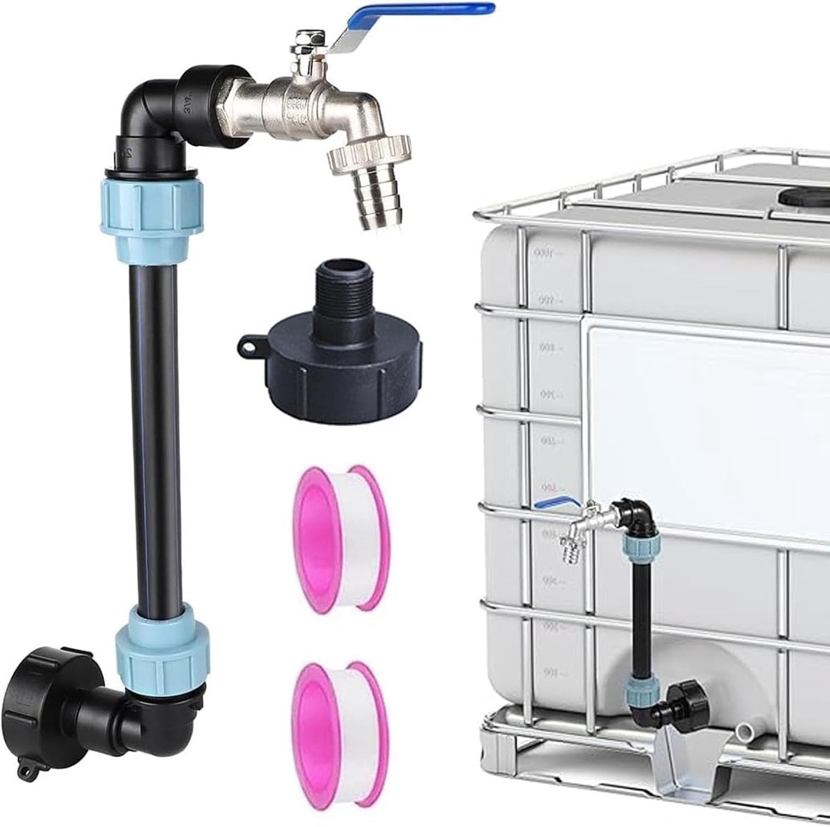 Gooseneck Afvoertap voor IBC Regenwatertank - Messing Kraan met S60x6 Aansluiting en 3/4 Inch Verbinding voor Wateropslag en Regenton (50cm)