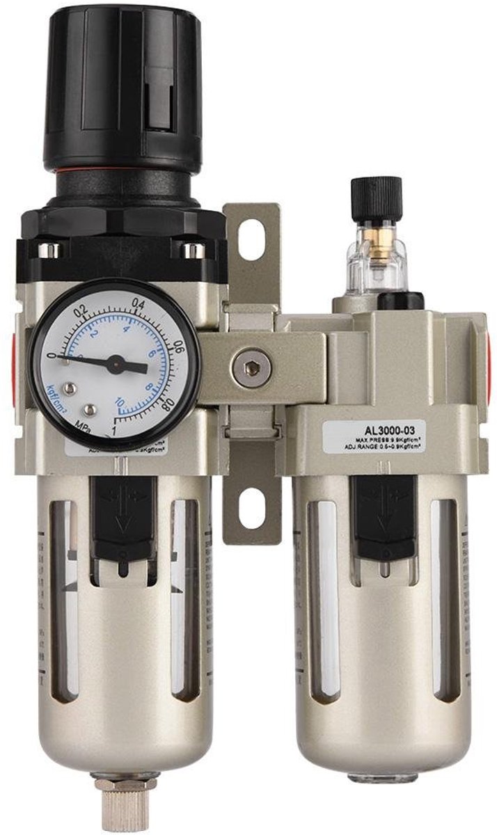 SnelShoppen - 3/8" Luchtdrukregelaar en Filter, Aluminium Compressed Air Regulator, Vochtvanger Waterfilter voor Gereedschap en Apparatuur
