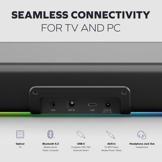 Gaming Soundbar - PC Speaker - Immersief Geluid - SuperWide Technologie - 61 cm - Zwart — afbeelding 5