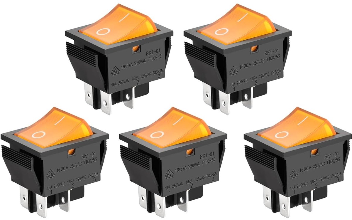 SnelShoppen - Heschen Toggle Switch ON-OFF DPST 4 Terminals Geel Licht 16A 250VAC 5-Pack - Voor Tuin, Keuken, Camping en Projecten