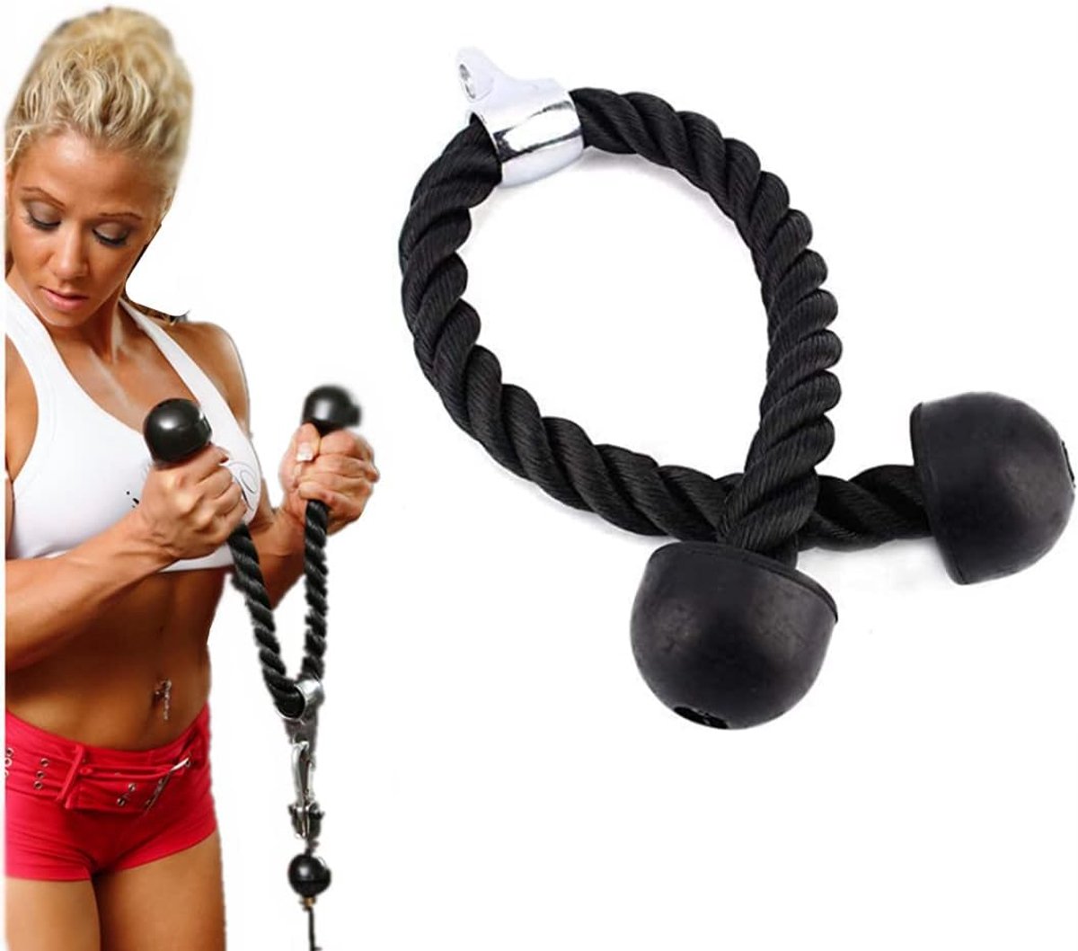 SnelShoppen - Fitness Nylon Tricep Rope - Duurzame Triceps Trainingsaccessoire - 70 cm - Comfortabele PU Handgrepen - Ideaal voor Kabelmachine of Powe