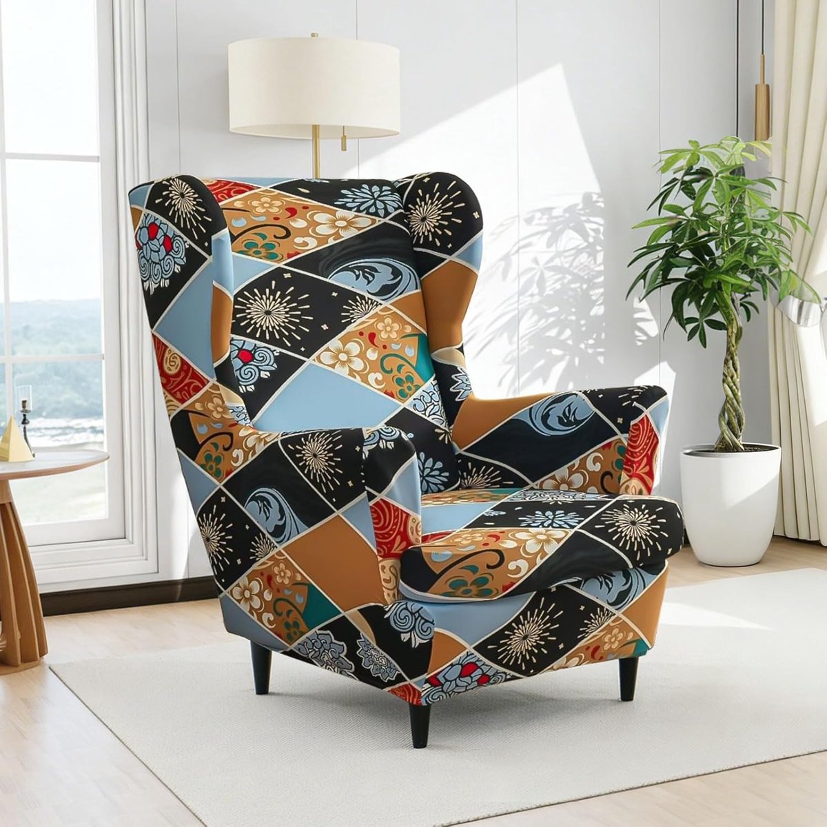 SnelShoppen - Ohrensessel Hoes, Stretch Sesselhoes met Elastiek en Band, Wasbare Beschermhoes voor Woonkamer, Tweedelig, Universeel, Hoogwaardige Kwal