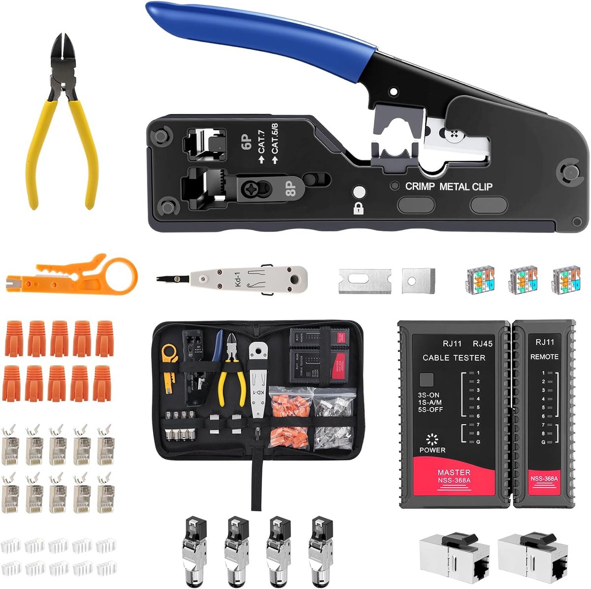 SnelShoppen - RJ45 Krimptangset Cat7 met Striptang, 20x Pass-Through LAN-Stekkers, Netwerkkabeltester en Opbergtas - Professioneel Netwerkgereedschap