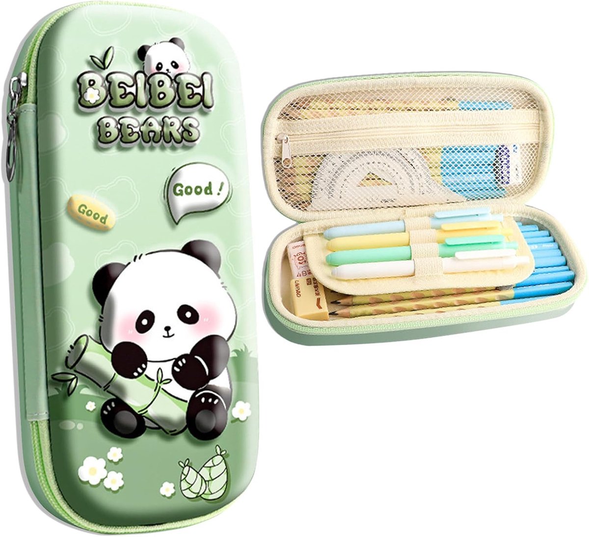 SnelShoppen - Schattig 3D Panda Etui, Groene Pennenhouder met 2 Compartimenten, Kawaii Panda Stationery Organizer met Rits en Gaasvak voor Studenten,