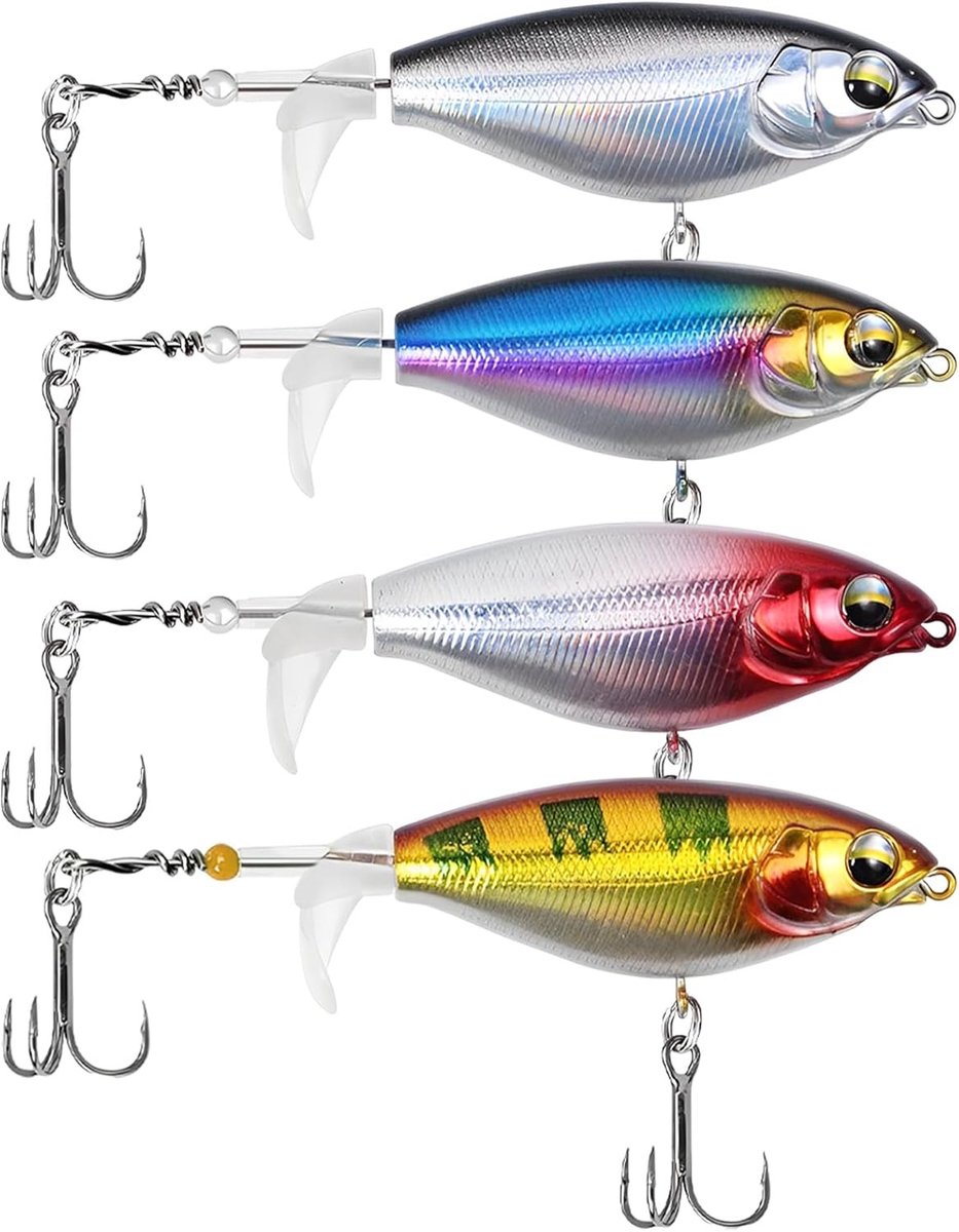 Set van 4 Neppes Topwater Aas Wobblers voor Forel, Snoek en Baars - 8cm Vissend met Propellerstaart en Drievoudige Haken - Realistisch Aas voor Zoet- en Zoutwater Vissen