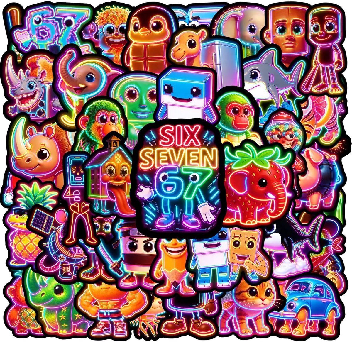 SnelShoppen - 110 Stuks Neon Brainrot Grappige Dierenstickers, Absurd Cartoon Stickers voor Waterflessen, Koffers, Fietsen, Auto's, Tablets, DIY Decor