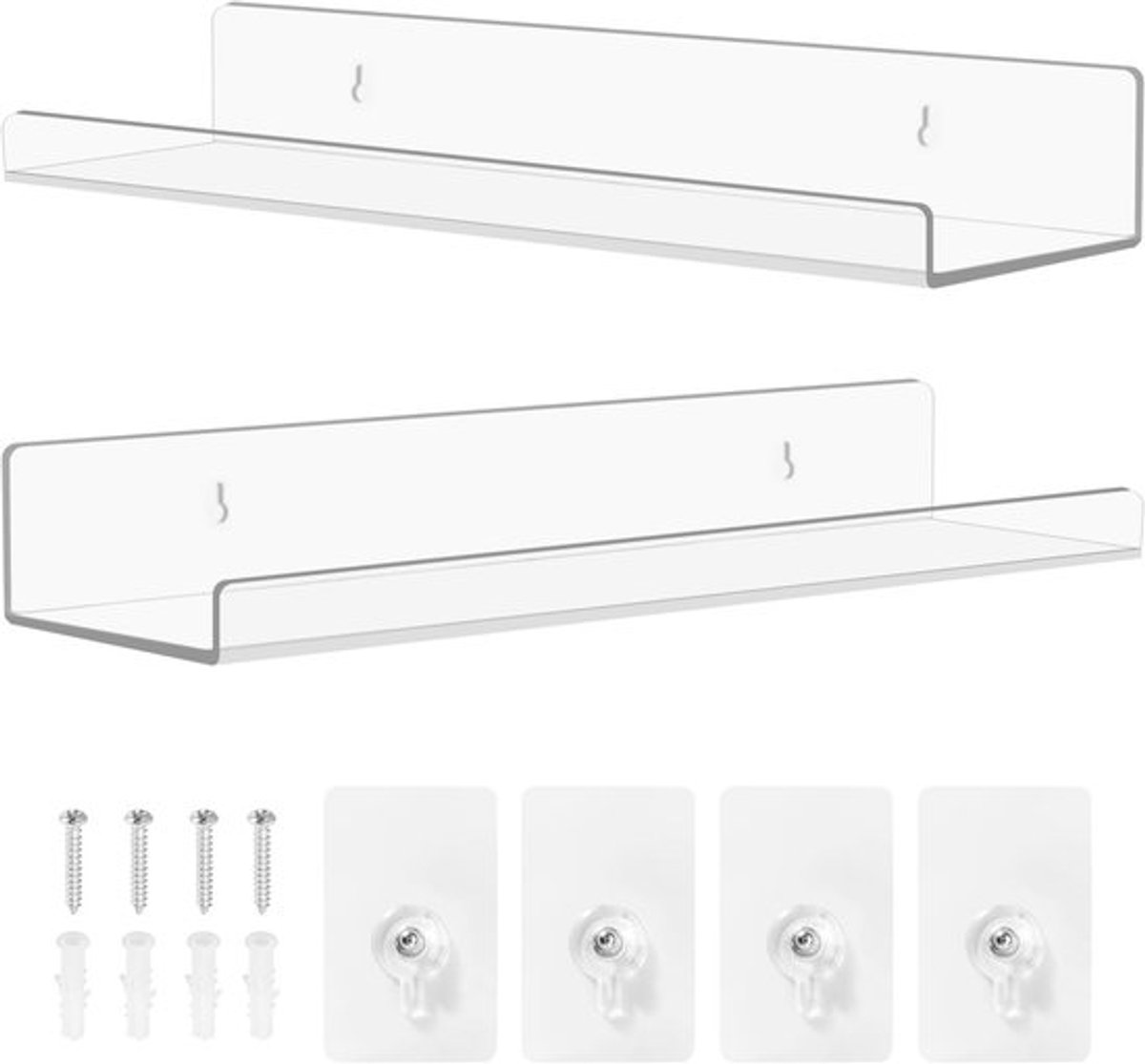 Muurplank zonder boren, acryl wandplank met schroeven, zwevende plank voor kleine items, 30 x 8 x 3.5 cm, set van 2, ideaal voor opslag en decoratie