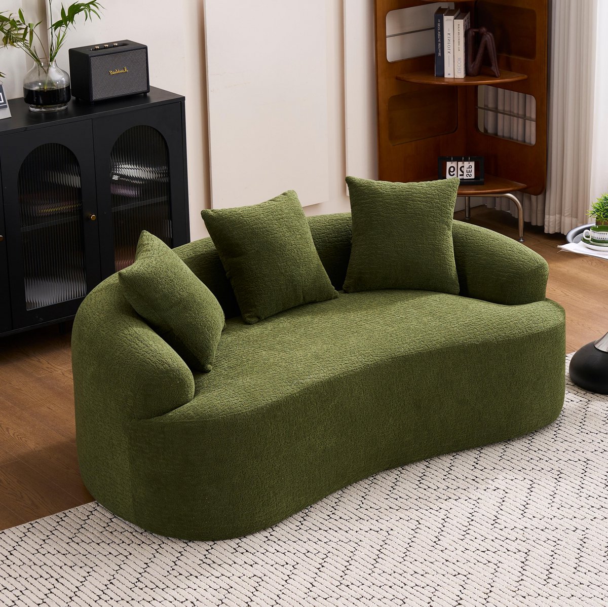 MODENUIT Bank - Gebogen 2-Zitsbank - Met 3 Sierkussens - Voor Kleine Ruimtes - Chenille - Groen